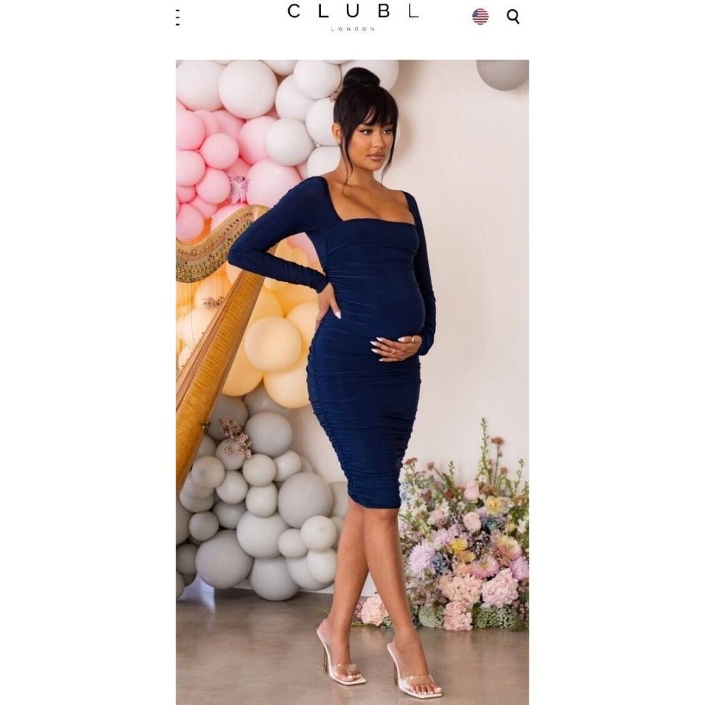 Club L London Maternity Women Bodycon Dress Blue Navy Stretch Long Sleeve 12 New